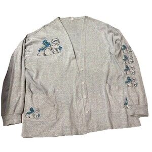 Vintage Cat Cardigan Sweatshirt Gray Kitten Floral Womens One Sz Cottagecore 90s